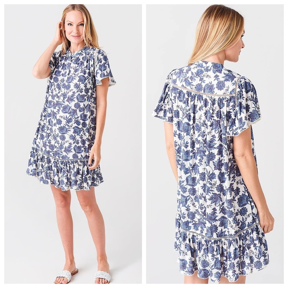 Rebecca Minkoff Short Sleeve Ruffle Hem Mini Dress Womens Sz M White Blue Floral